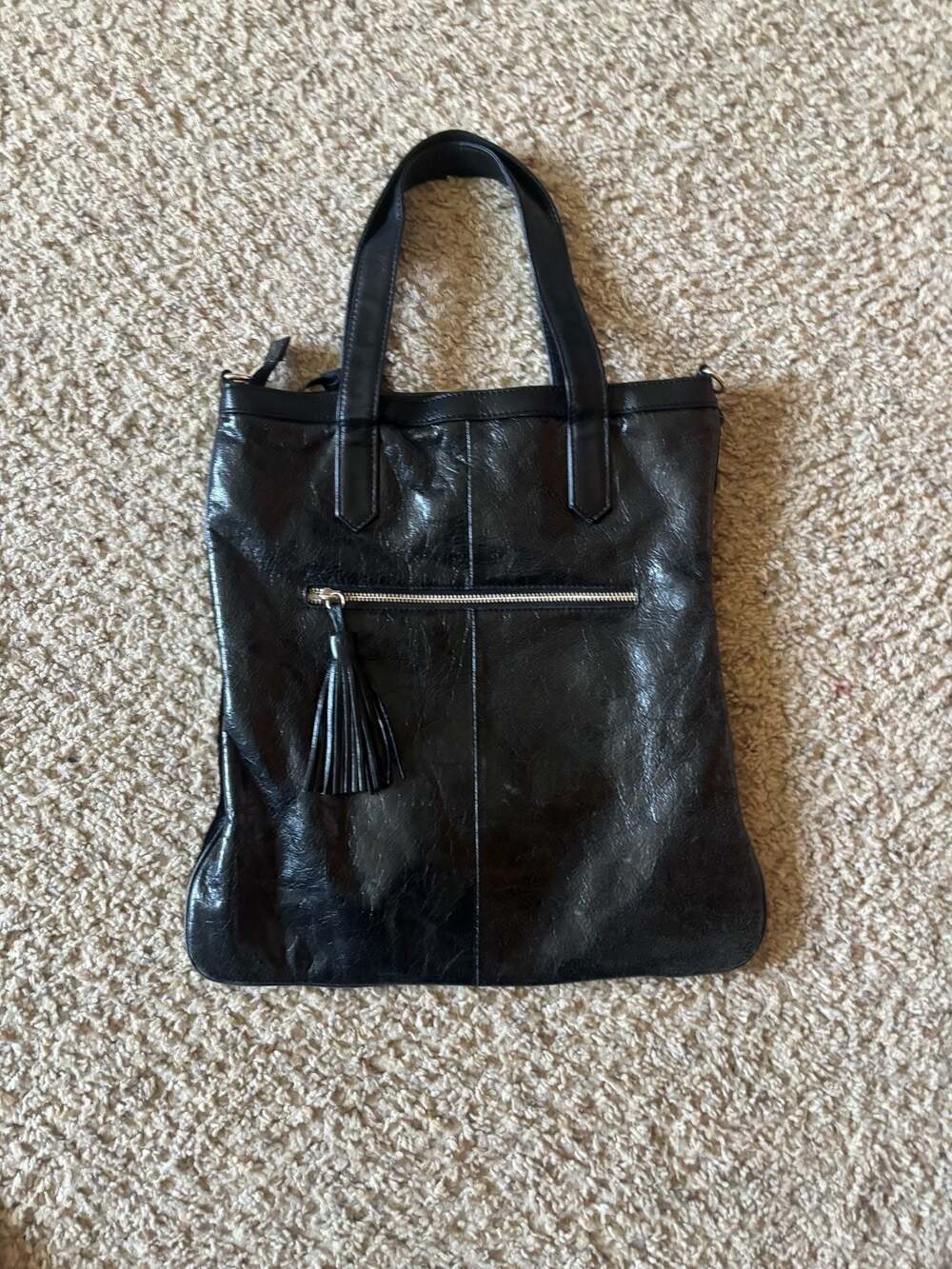 Aqua Madonna Black Leather and Haircalf Tote Bag with Tassel